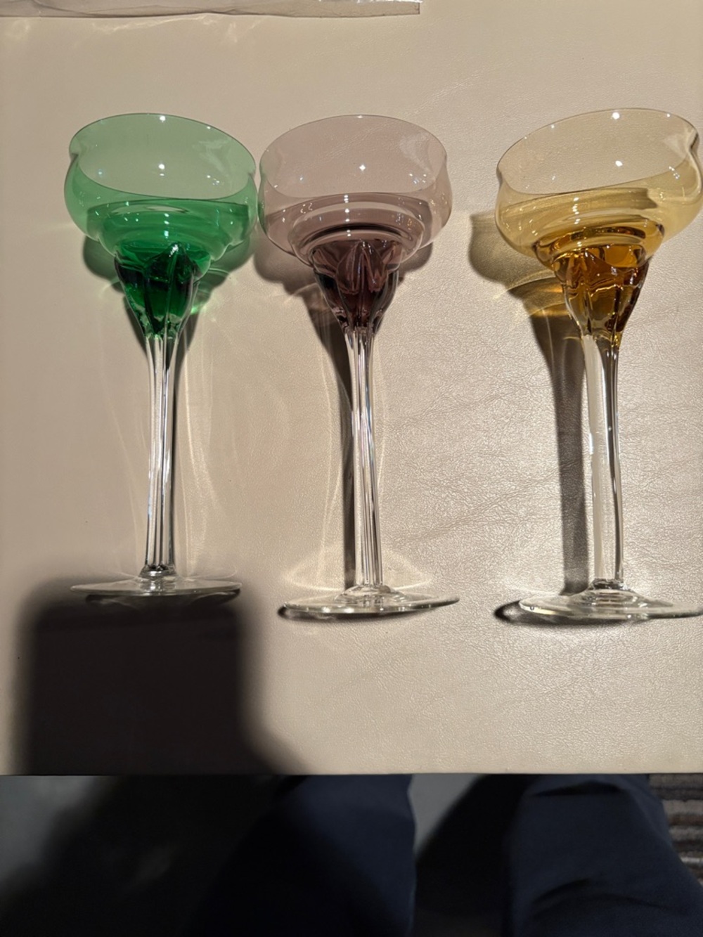 Vintage over 60 years old Colored Stemmed Glasses - Green, Pink, Amber like new